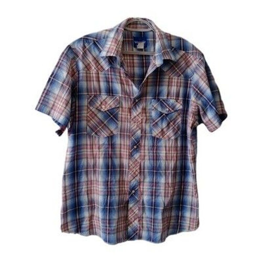 Men’s Wrangler western short sleeve pocket shirt pearl snap blue plaid size L